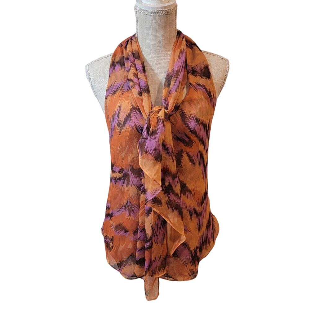 Diane Von Furstenberg 100% Silk Orange/Purple Scarf Front Blouse Size 6
